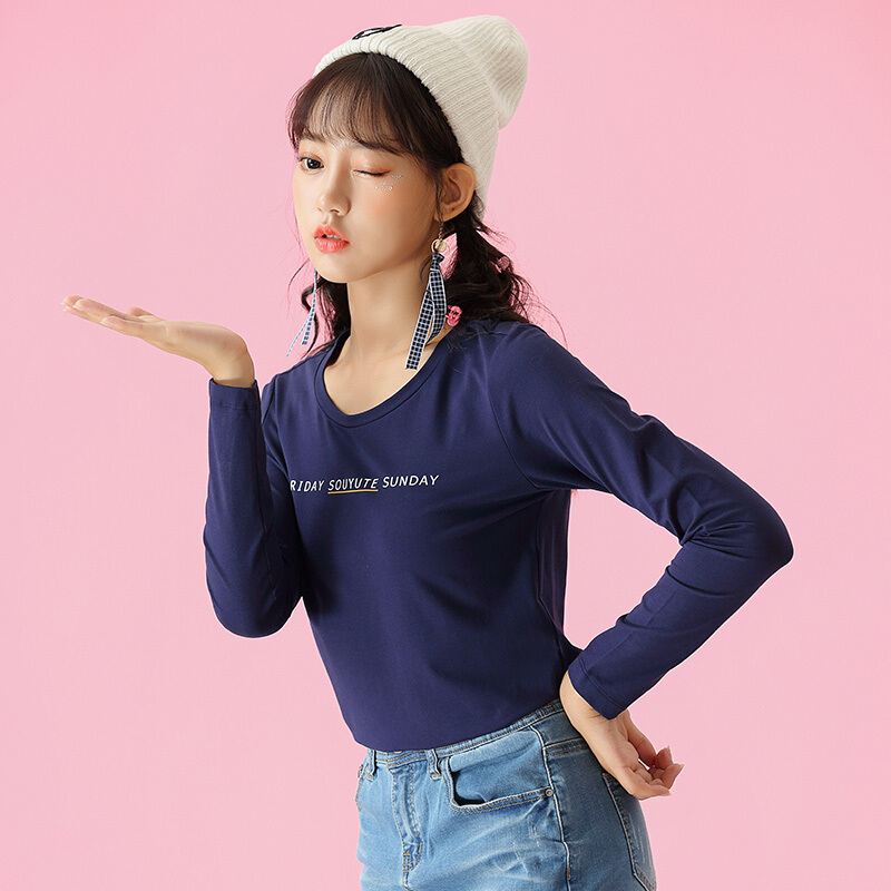 潮流前线2019春装长袖T恤女韩版圆领短款修身女士打底衫上衣百搭配饰