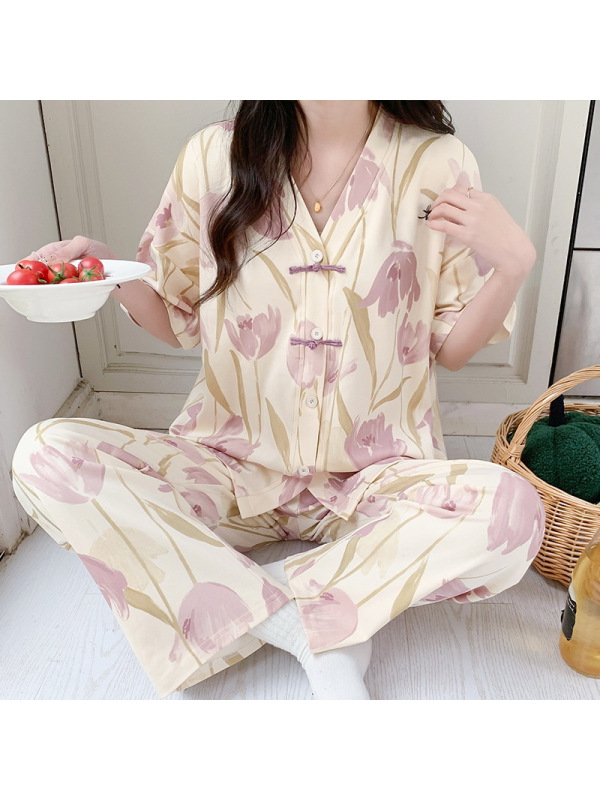 夏季新款女士和服棉质薄款短袖开衫甜美可爱家居服可外穿睡衣套装