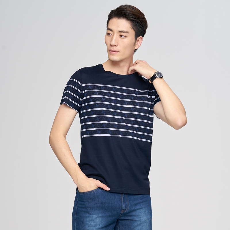 才子男装t恤男短袖圆领条纹印花t恤衫青年休闲时尚体恤衫夏季新款
