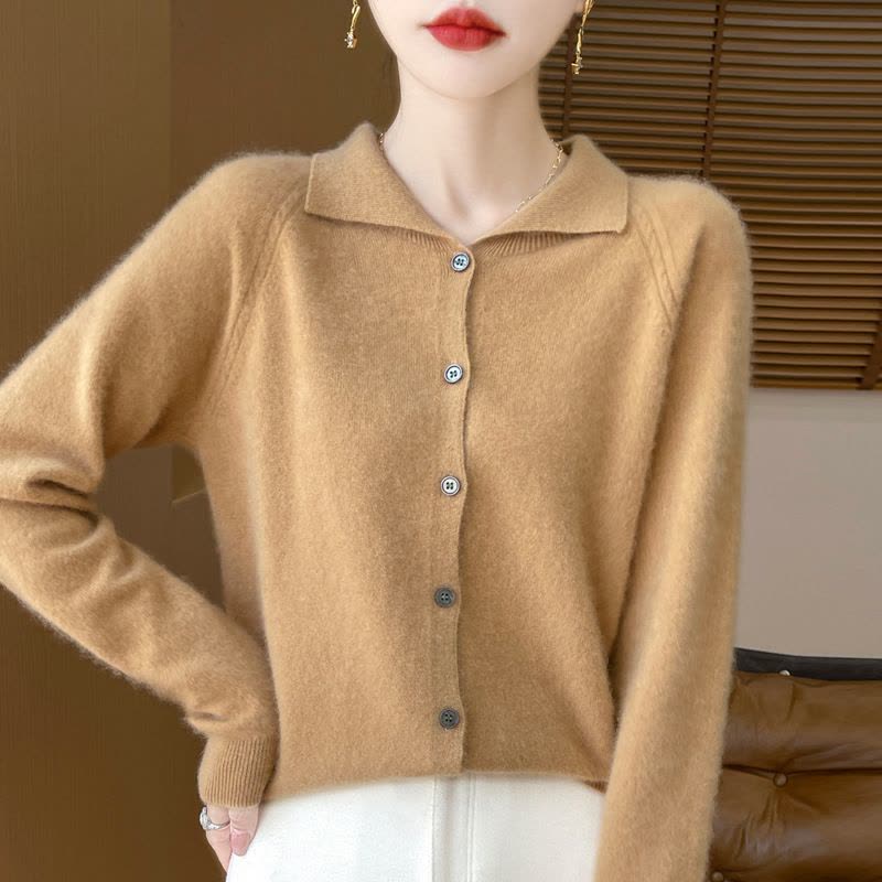 新款一线成衣翻领羊毛开衫女年秋冬纯色单排扣宽松针织外套图片