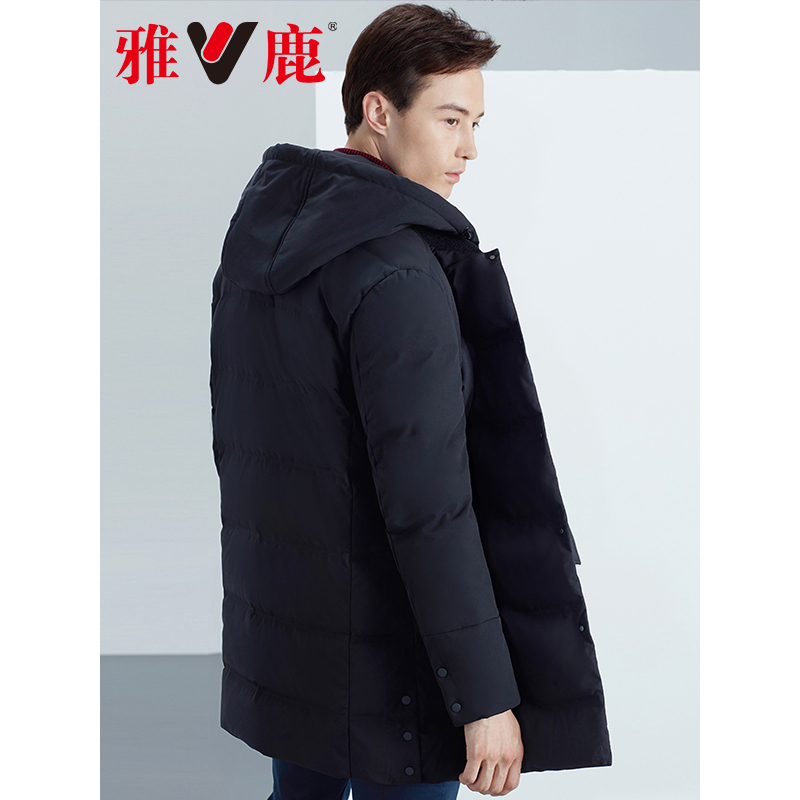 雅鹿反季羽绒服男商务连帽中长款羽绒服中老年男装防风冬装外套Q
