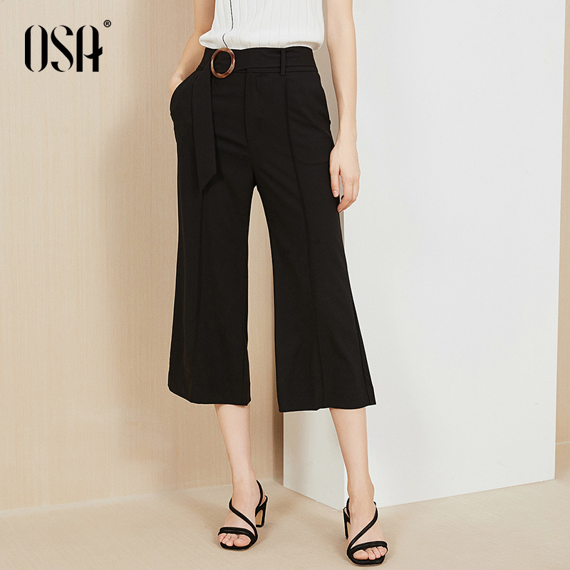 OSA欧莎高腰阔腿裤2019新款黑色七分休闲裤子女夏薄款宽松显瘦