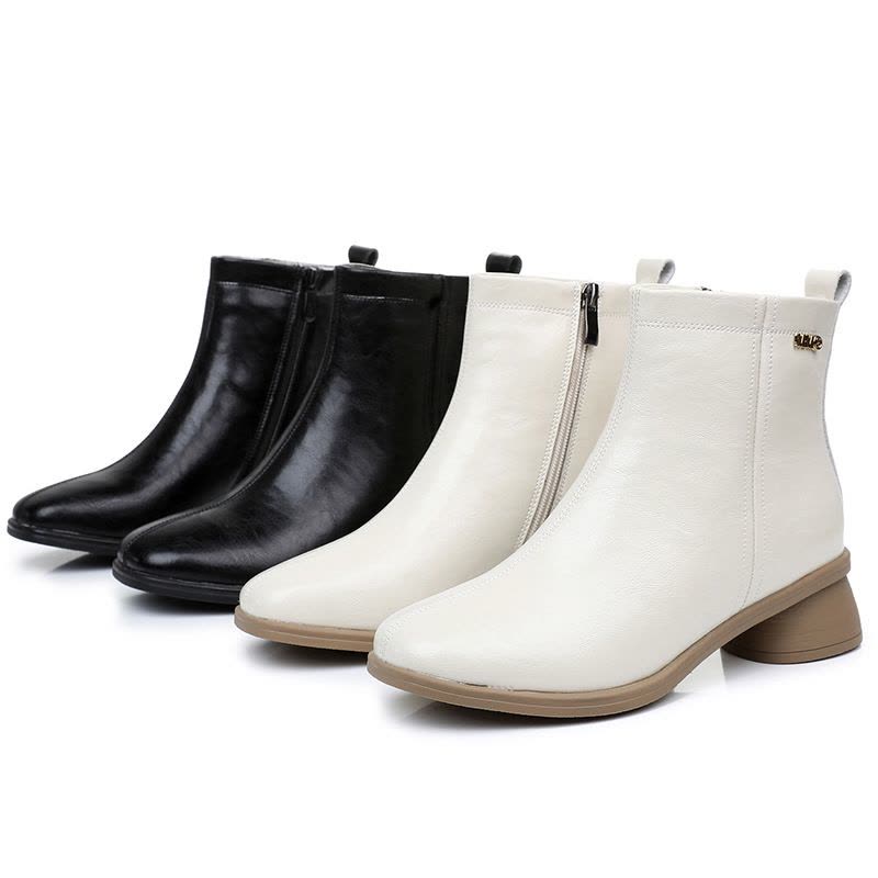 秋冬真皮复古短靴女棉鞋中筒舒适百搭中跟透气软底粗跟女靴图片