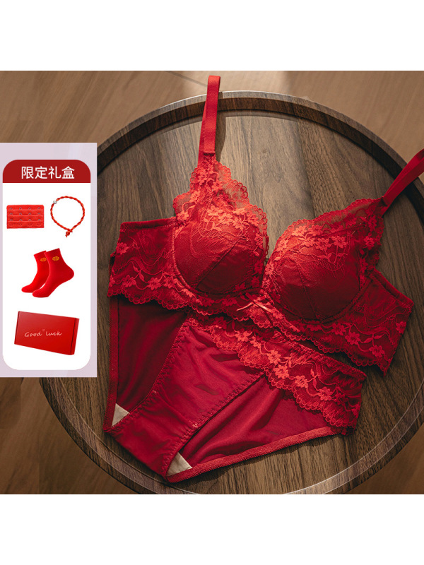 蛇年本命年红色性感蕾丝内衣女小胸聚拢文胸收副乳防下垂纯欲胸罩