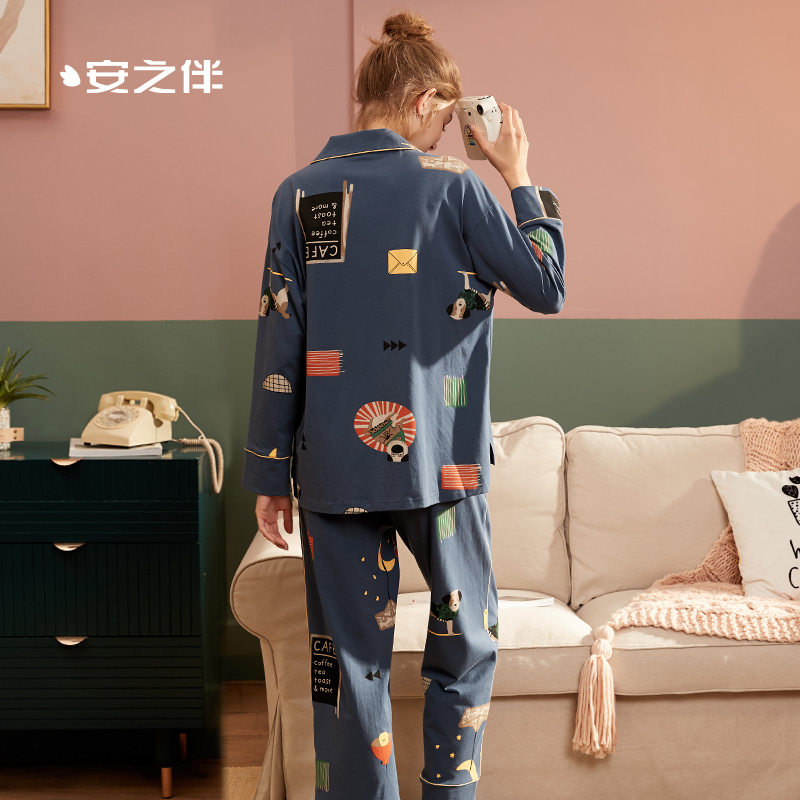 安之伴睡衣女春季长袖韩版卡通开衫套装全棉可外穿女士家居服套装