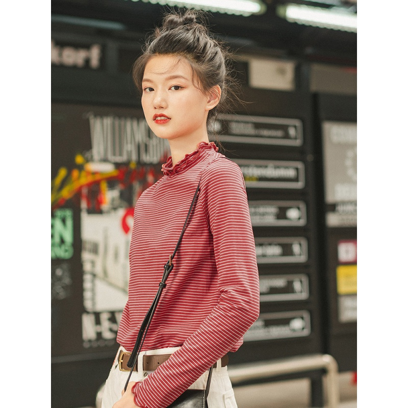 茵曼T恤女2019秋装新款木耳花边立领细横条纹显瘦百搭打底衫上衣