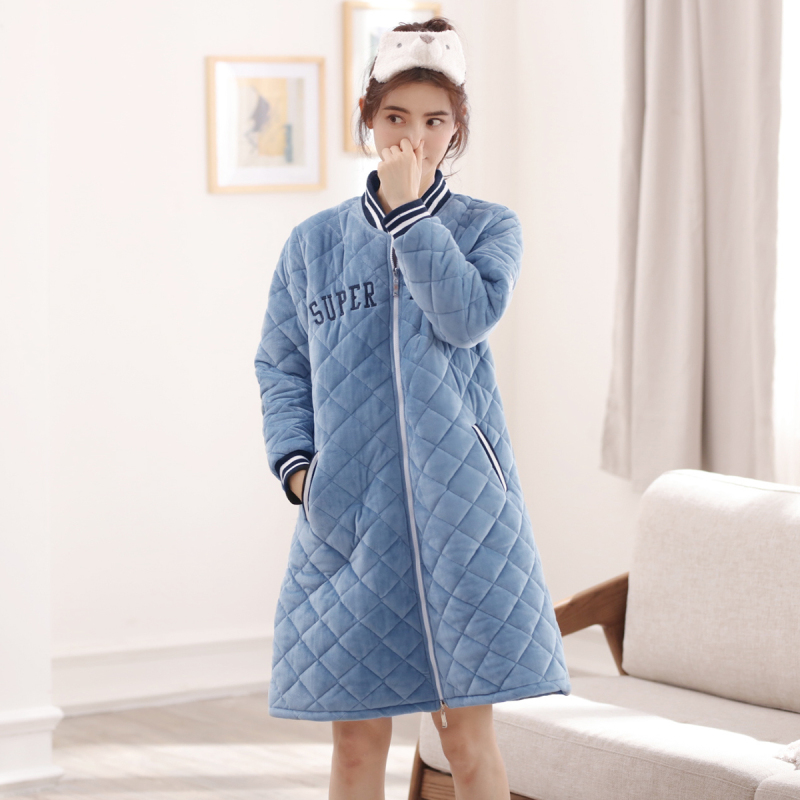 安之伴冬季女士加厚三层法兰绒夹棉睡衣保暖珊瑚绒棉袄家居服睡袍