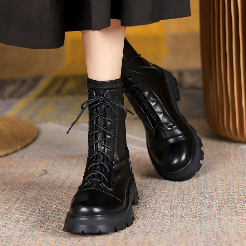 牛皮马丁靴女甜酷薄款英伦风厚底机车靴ann短靴系带靴子大码40女靴552