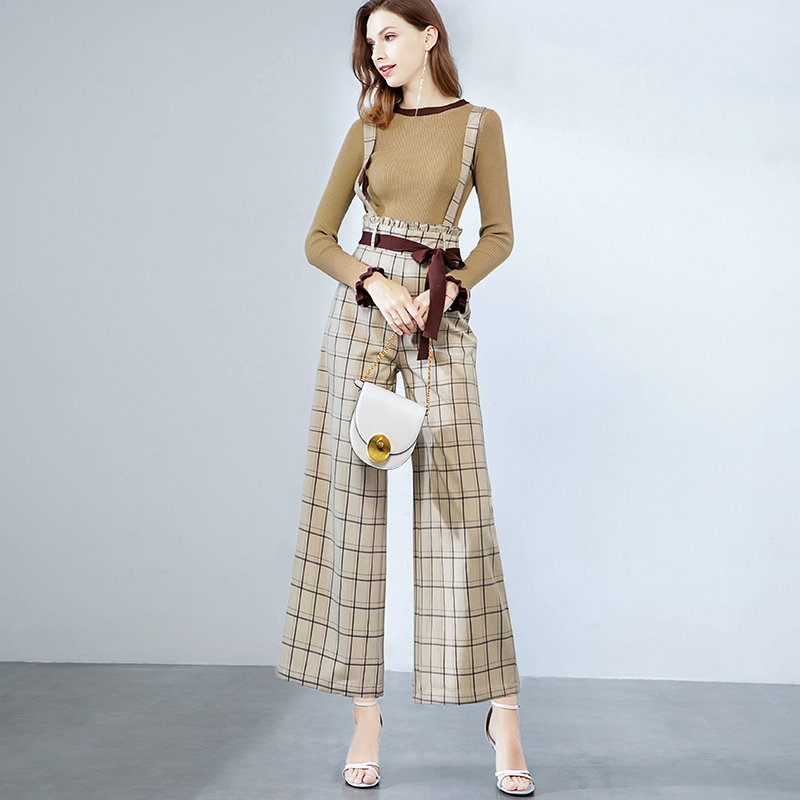 晚白2019新品时尚套装长袖职业针织衫背带格子阔腿裤两件套女