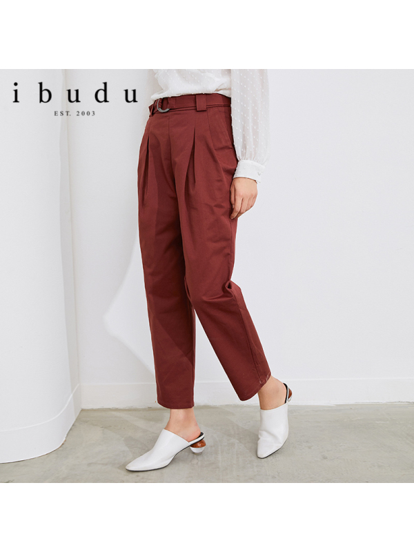 伊布都ibudu2020秋季新款高腰休闲裤翻边直筒裤长裤