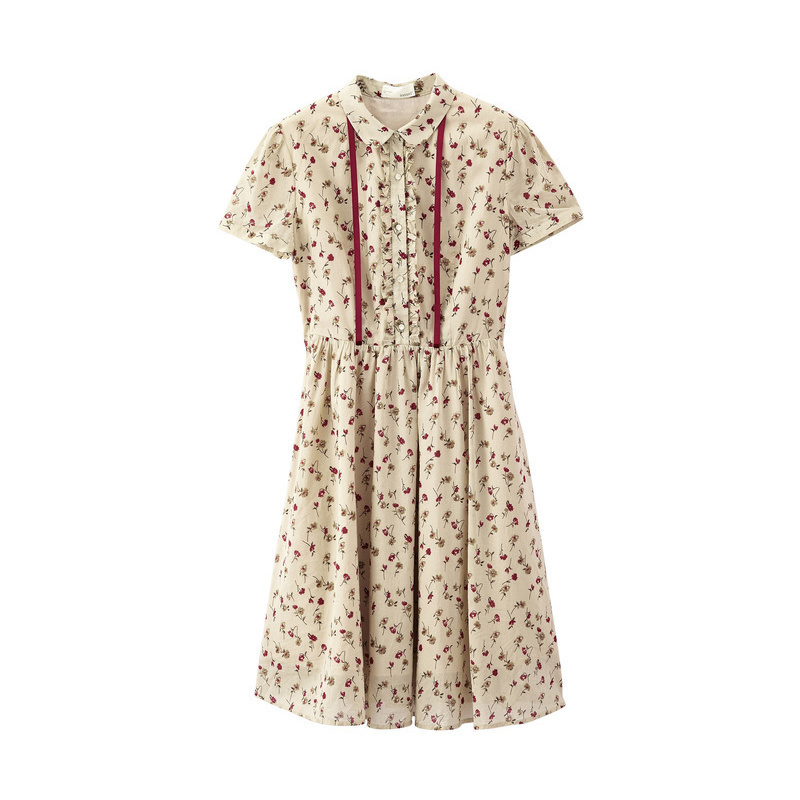 茵曼裙子女2019夏季新款文艺复古可爱木耳边娃娃领碎花连衣裙显瘦