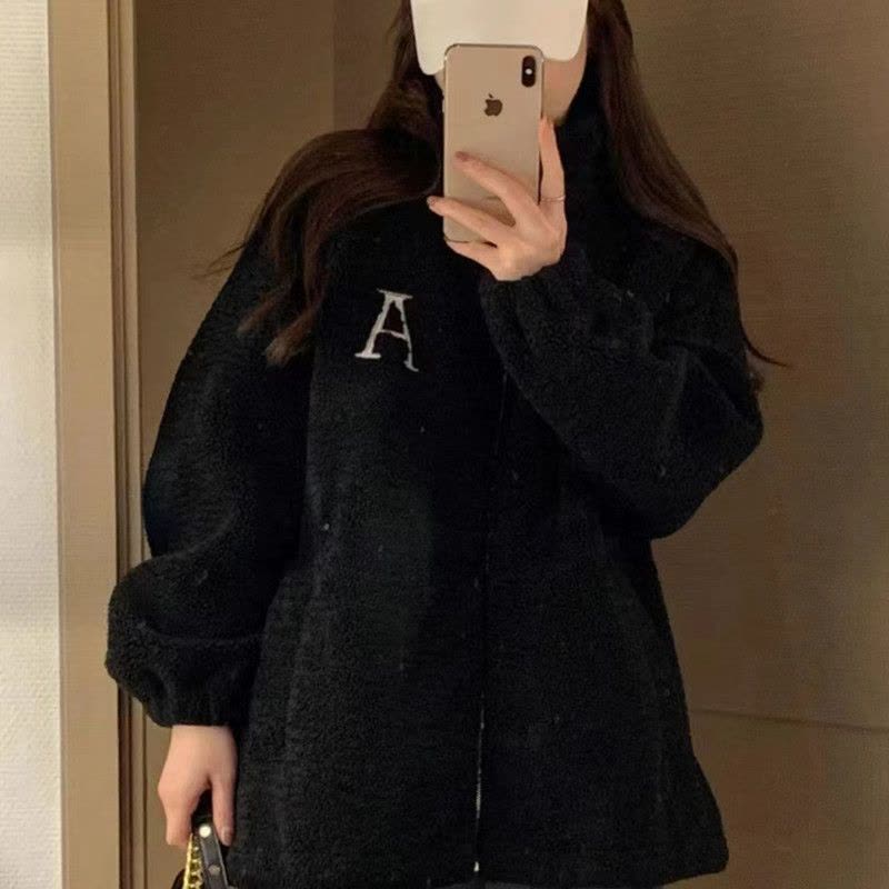 立领字母宽松显瘦加绒加厚保暖外套秋冬季新款拉链时尚简约棉服潮图片