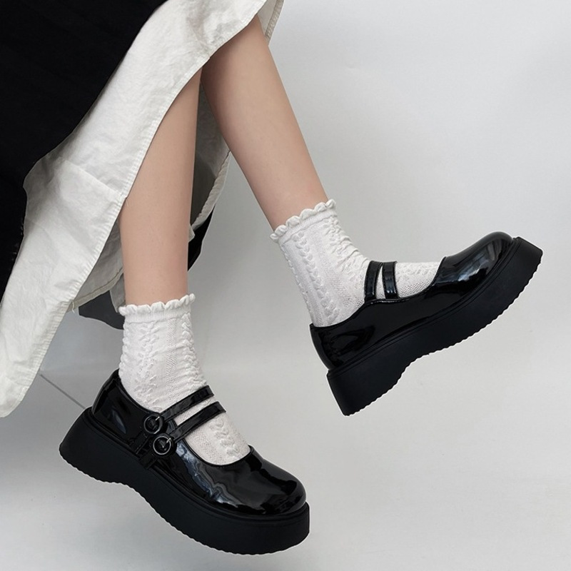 three sons复古玛丽珍鞋女夏季学院风百搭配裙子黑色厚底日系女j