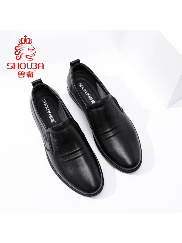 兽霸男鞋2019新款商务休闲鞋真皮圆头低帮套脚皮鞋头层牛皮一脚蹬