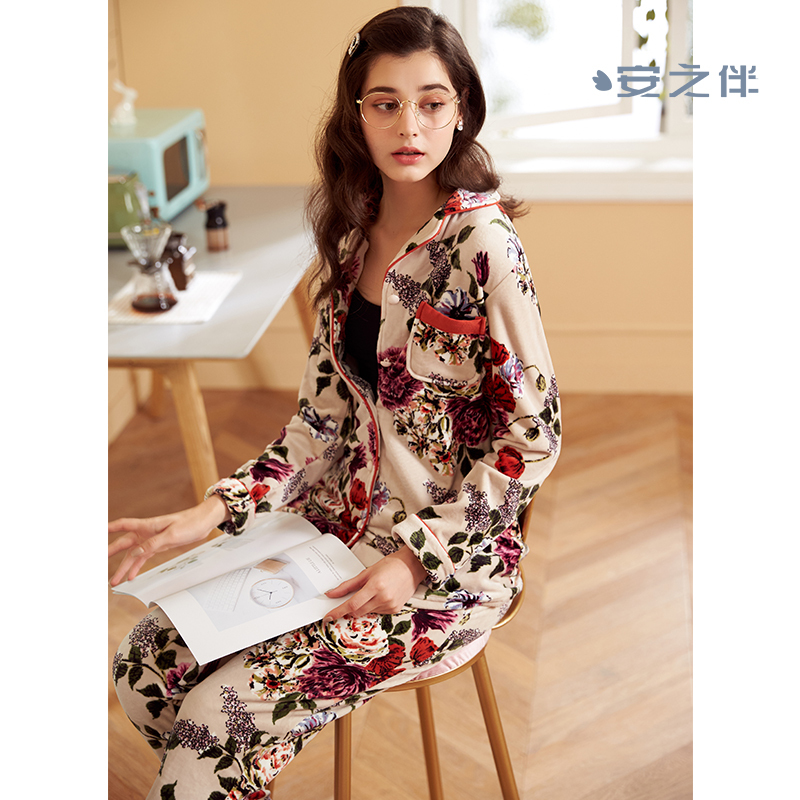 安之伴特卖水晶珊瑚绒睡衣女秋冬开衫长袖韩版宽松长裤两件家居服套装
