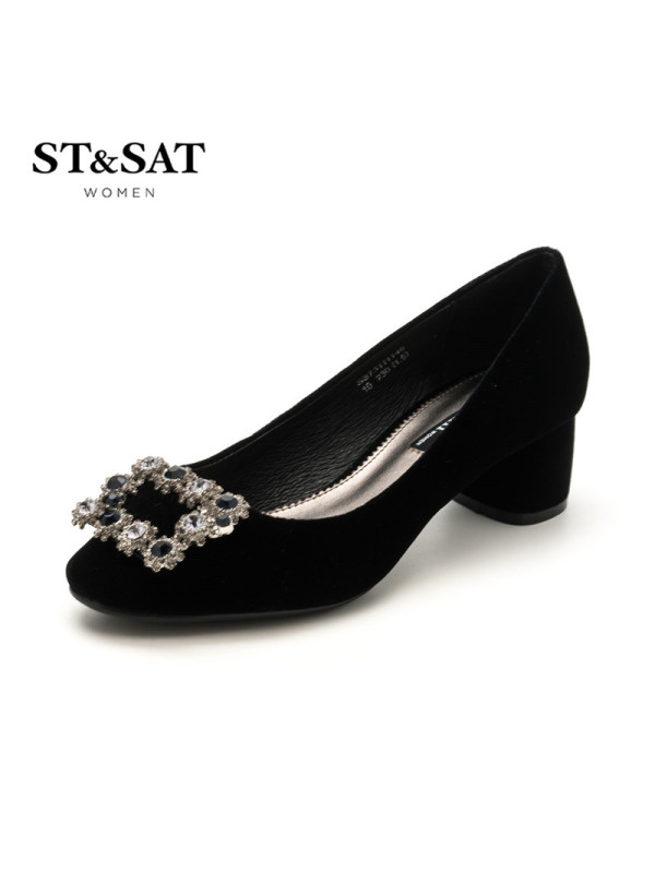 St&Sat/星期六圆头女鞋闪亮方扣中粗跟单鞋SS73111146