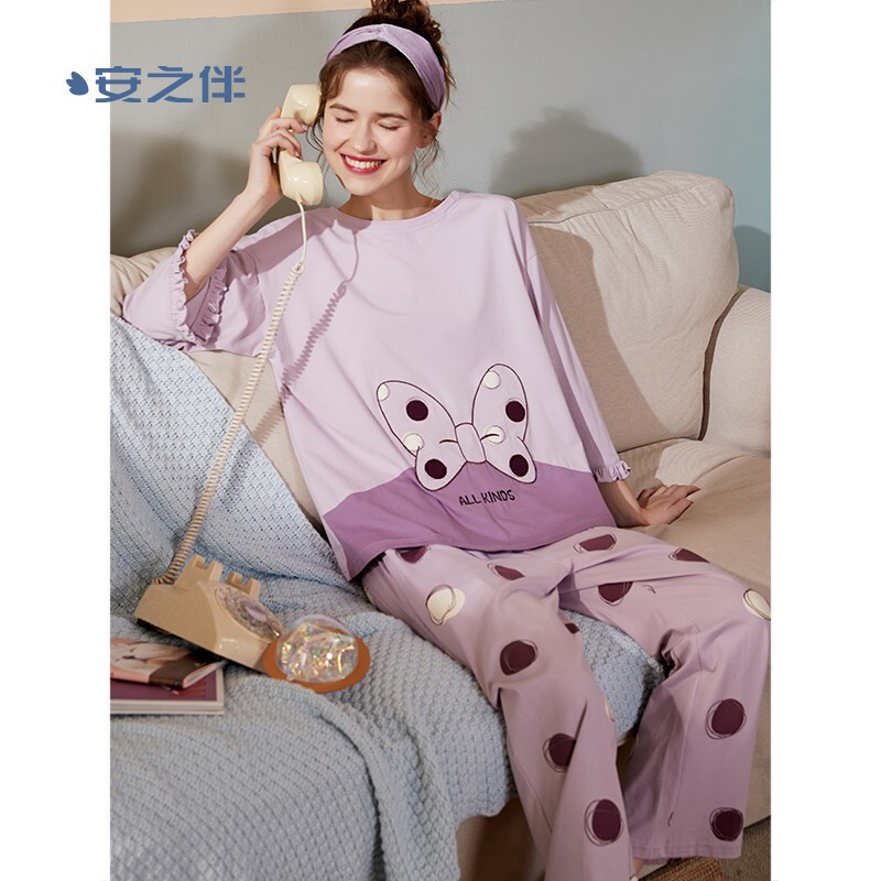 安之伴睡衣女弹力圆领套装棉质针织素色长袖可外穿女士家居服套头套装