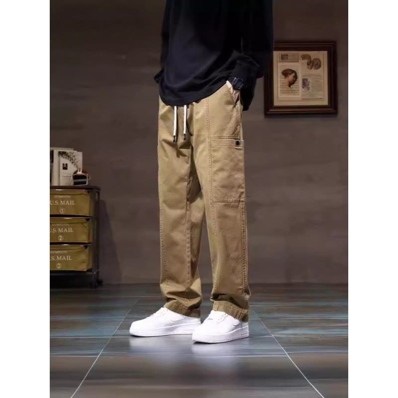 美式工装裤夏季新款拼接口袋男士直筒型宽松大码休闲长裤_1 XL 绿色图片