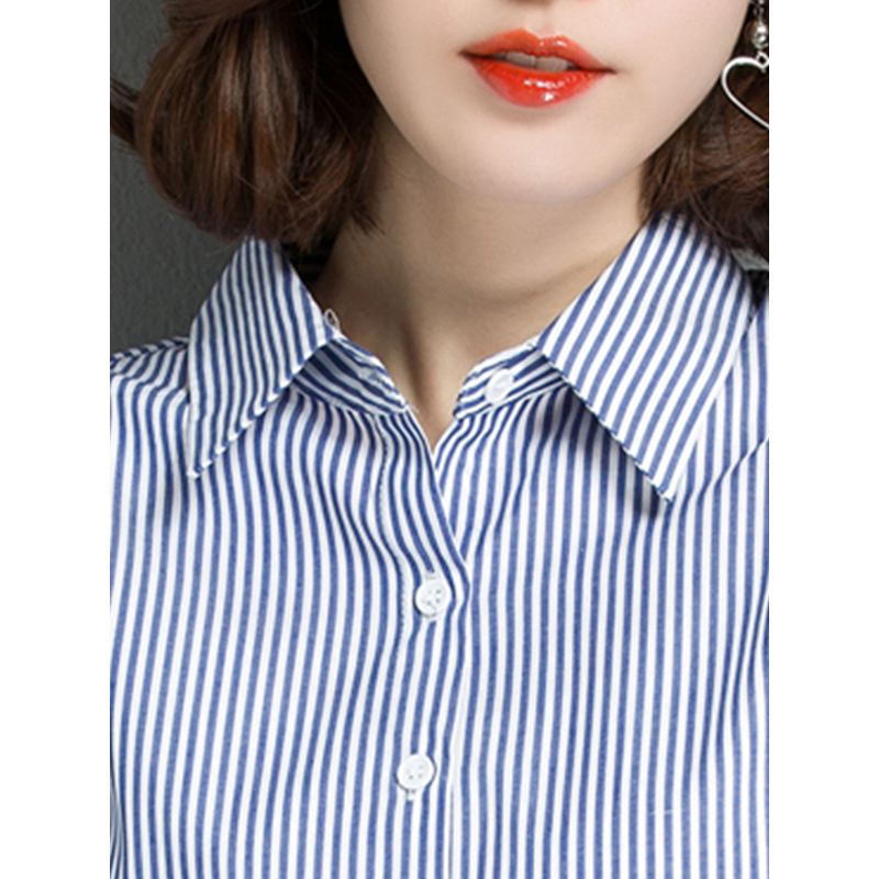 恒源祥女士衬衫2021春装新款潮流衬衫女设计感小众长袖宽松纯棉衬衣条纹上衣