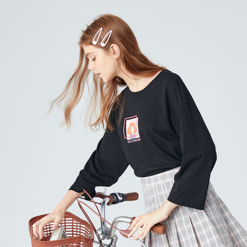 Semir森马宽松T恤女2019秋季新款印花套头纯棉少女潮t恤显瘦七分袖上衣
