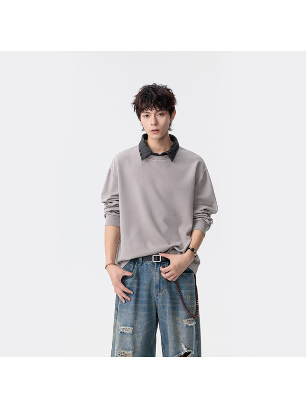 男装秋冬季保暖假两件衬衫领卫衣男士加绒韩版潮流休闲宽松打底衫