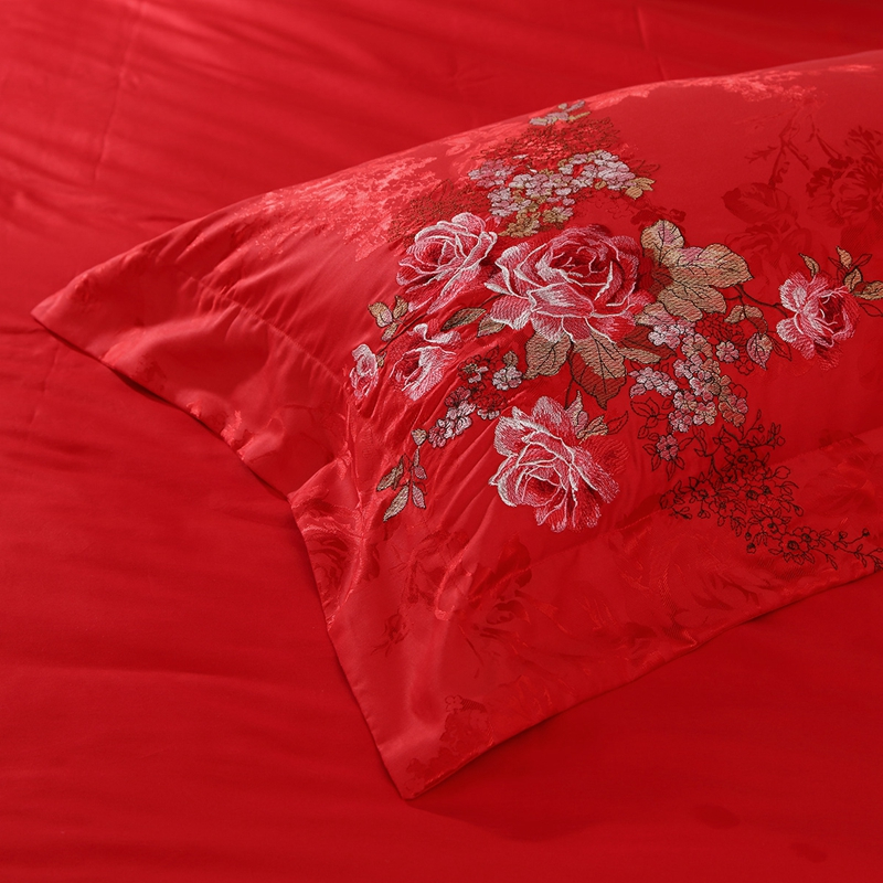 富安娜家纺馨而乐床上用品结婚庆四件套件绣花提花纯棉绣花幸福约定