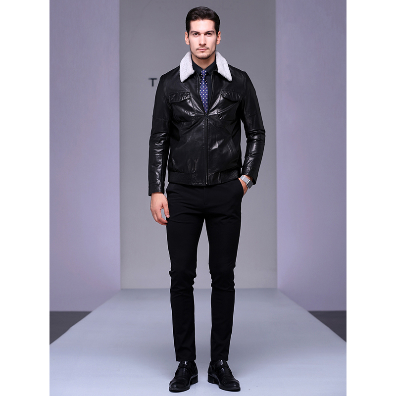 汤尼保罗tonypaulo男款时尚休闲羊羔毛翻领真皮皮衣视频
