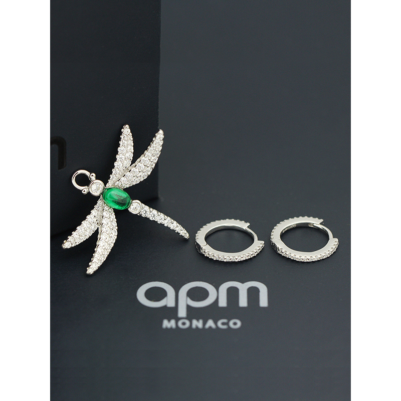 apm MONACO不对称蜻蜓耳环 时尚镶晶钻耳坠女 气质银耳饰首饰品