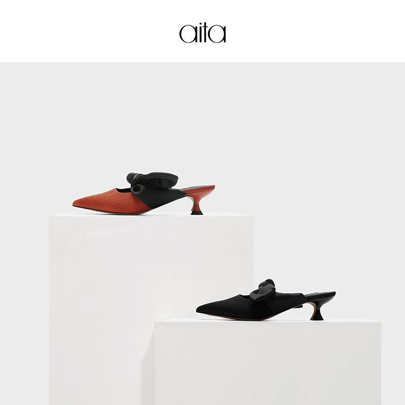 aita艾塔 春季新款女拖鞋尖头中跟女鞋细跟蝴蝶结丝带鞋子女