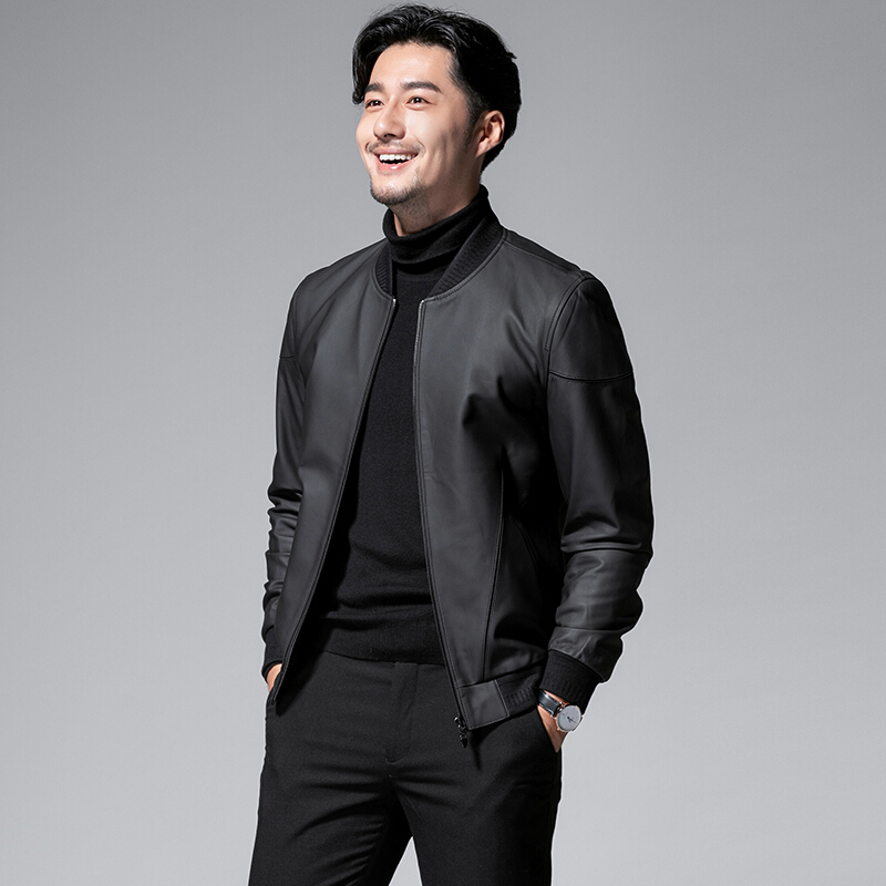 富贵鸟fuguiniao皮衣男装休闲时尚棒球服外套海宁皮皮夹克外套男黑色