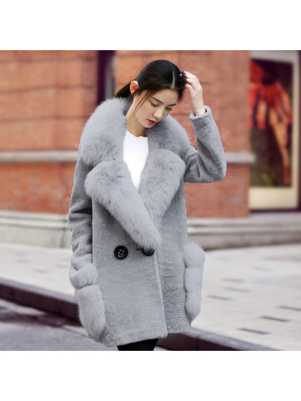 兰奥女款气质狐狸毛领羊剪绒皮外套