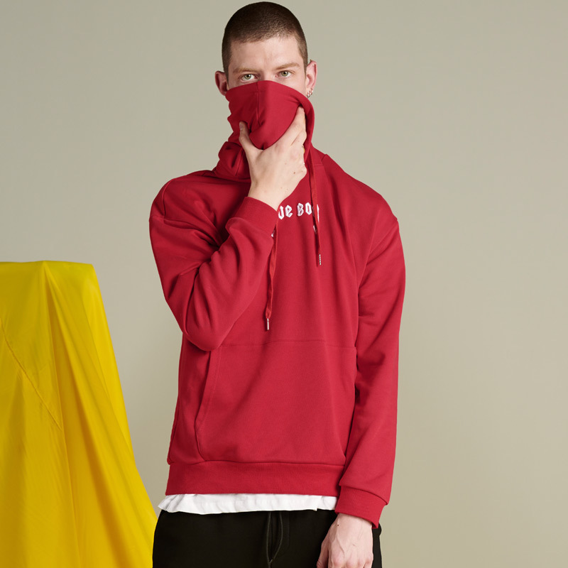 海德斯曼2019春秋卫衣外套3d立体拉胶刺绣套头宽松红色卫衣男连帽