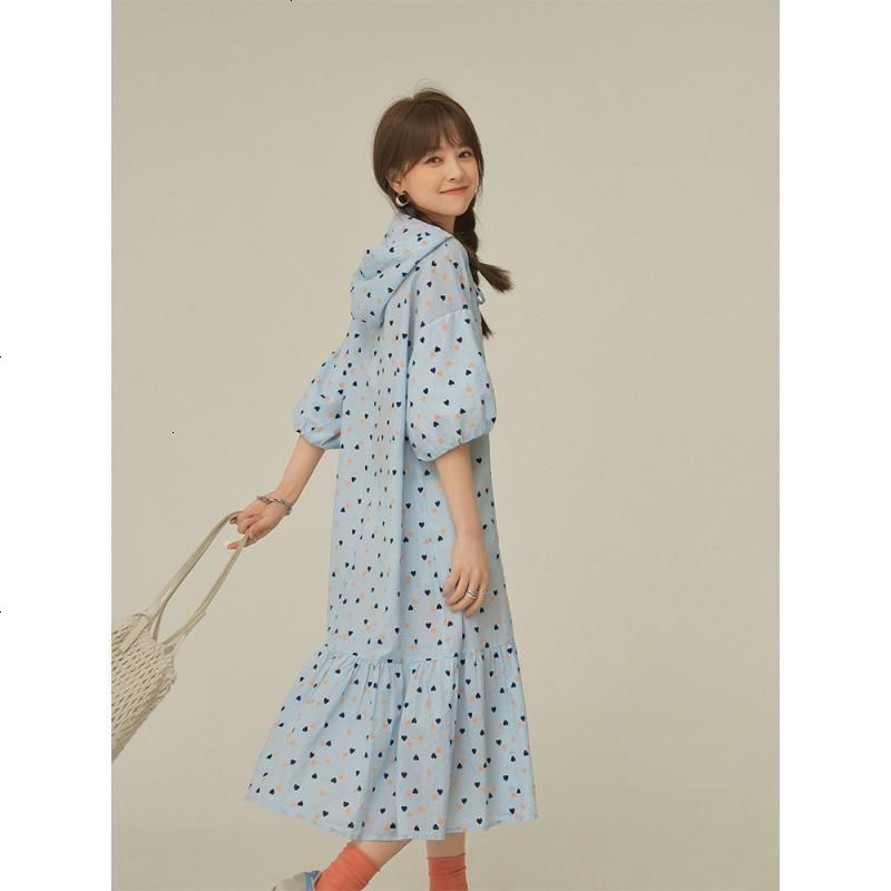 OtherMix日系连帽连衣裙女2021年夏季新款印花小爱心宽松系带裙子
