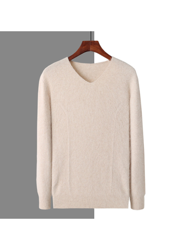 秋冬男士V领貂绒毛衣纯色套头绒衫大码保暖打底针织羊毛衫