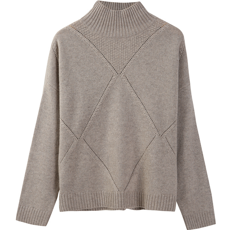 恒源祥半高领厚款羊毛衫女2019秋冬复古亮丝宽松毛衣落肩袖针织衫