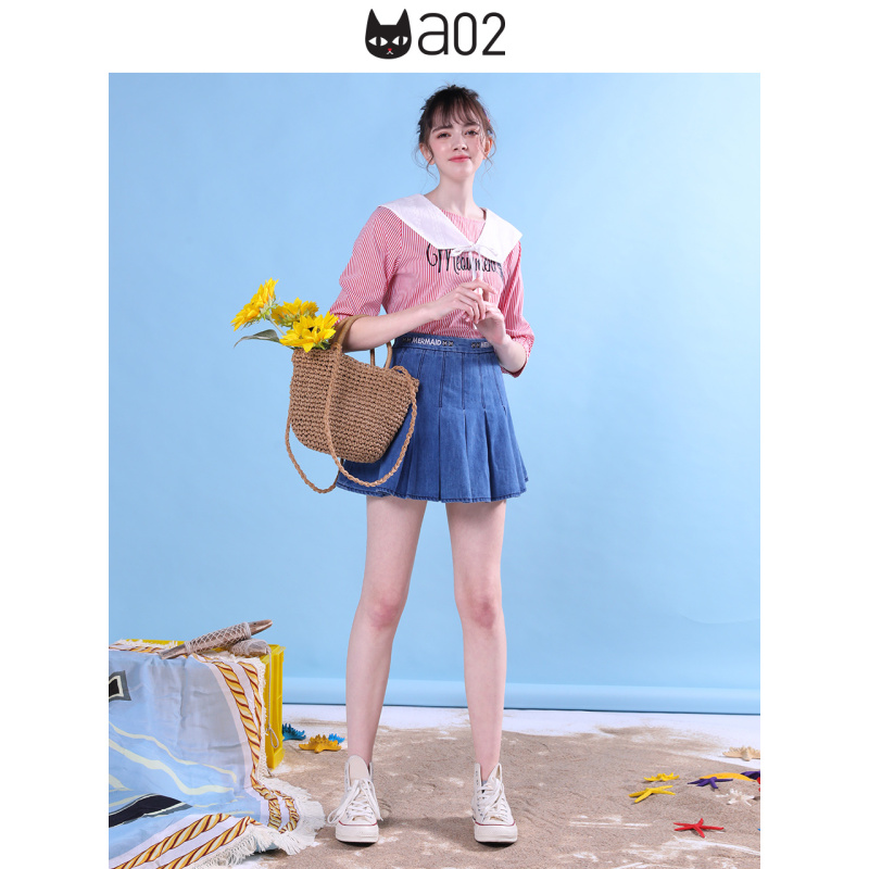 a02新款2020减龄学院风娃娃领卡通印花条纹衬衫女潮DTV2D0051BL