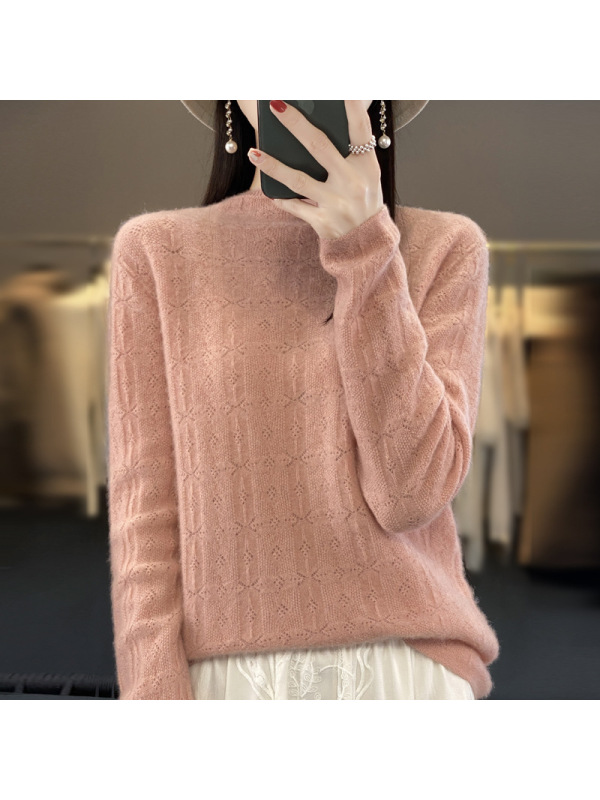年秋冬一线成衣羊毛衫方格菱形镂空针织非羊绒打底毛衣女 粉色 XL