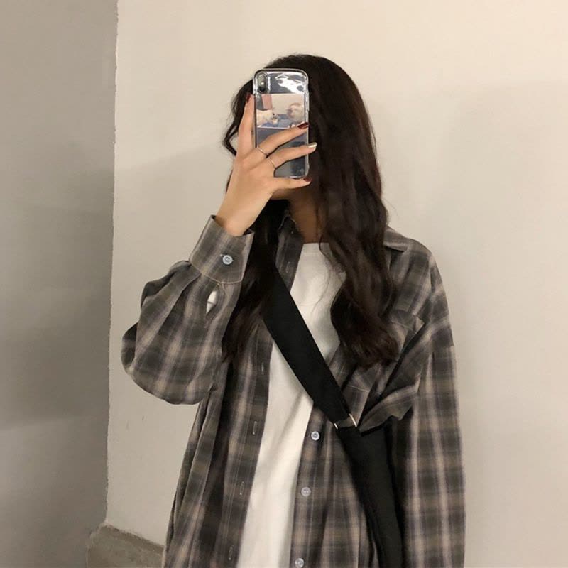 如熙格子衬衫女韩范宽松原宿风薄外套百搭学生长袖衬衫图片