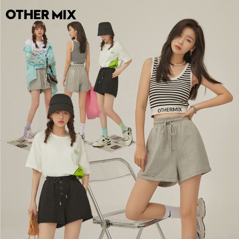 OtherMix高腰运动短裤2021年夏季新款韩版排扣系带薄款休闲裤子女