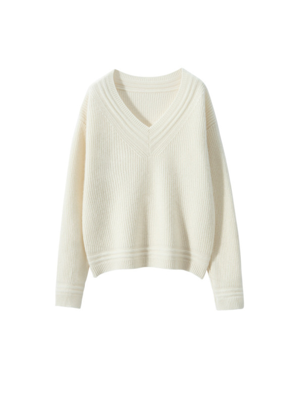 秋冬新款纯色山羊绒衫女针织打底衫宽松显瘦厚款V领毛衣长袖套头