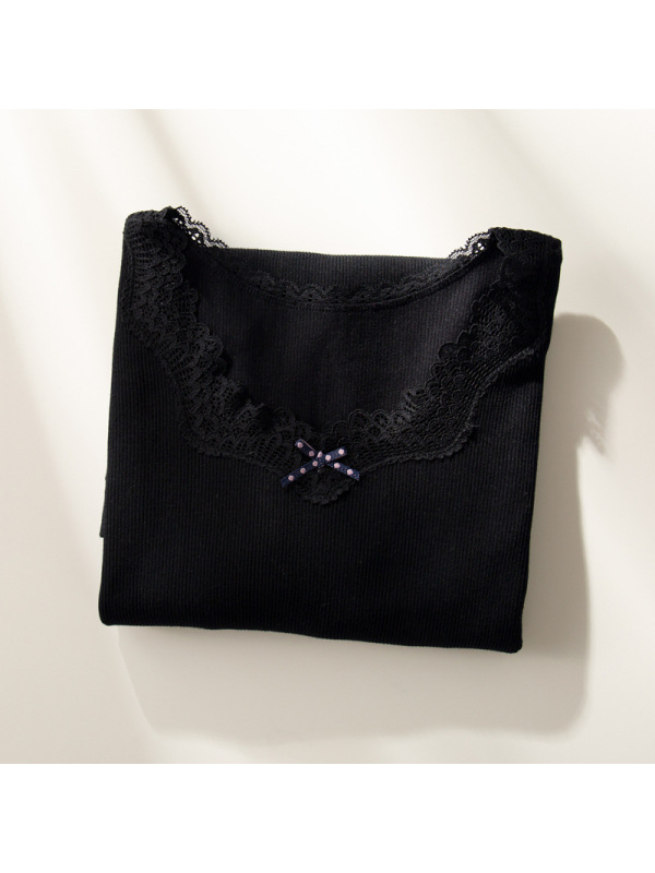 秋冬保暖内衣女V领蕾丝保暖套装无缝美体修身打底蝴蝶结秋衣秋裤