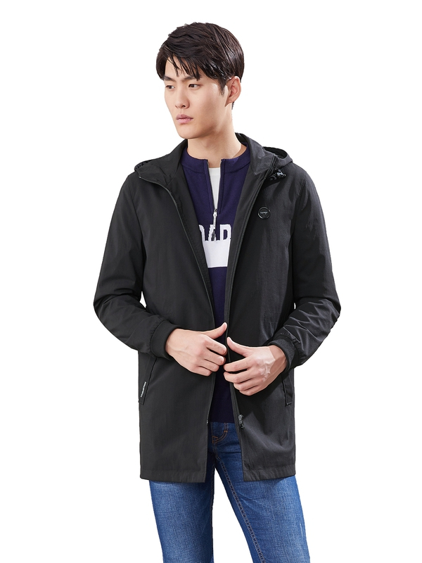 hla海澜之家防风连帽风衣2019春季长款净色风衣外套男hwfad1r002a