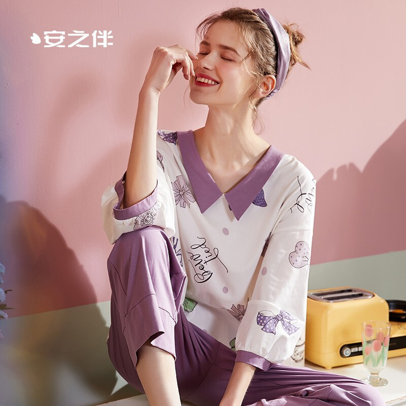 安之伴睡衣女甜美可爱小方领缩口袖套头套装细软绵棉印花长袖可外穿