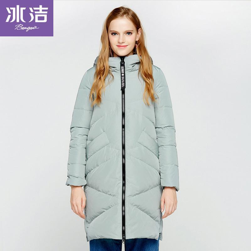 冰洁bengen冬季连帽纯色羽绒服女士冬季中长款外套羽绒服女