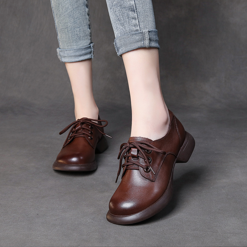 真皮低跟单鞋女复古手工系带低帮工作鞋皮鞋春秋新品牛皮舒适女鞋