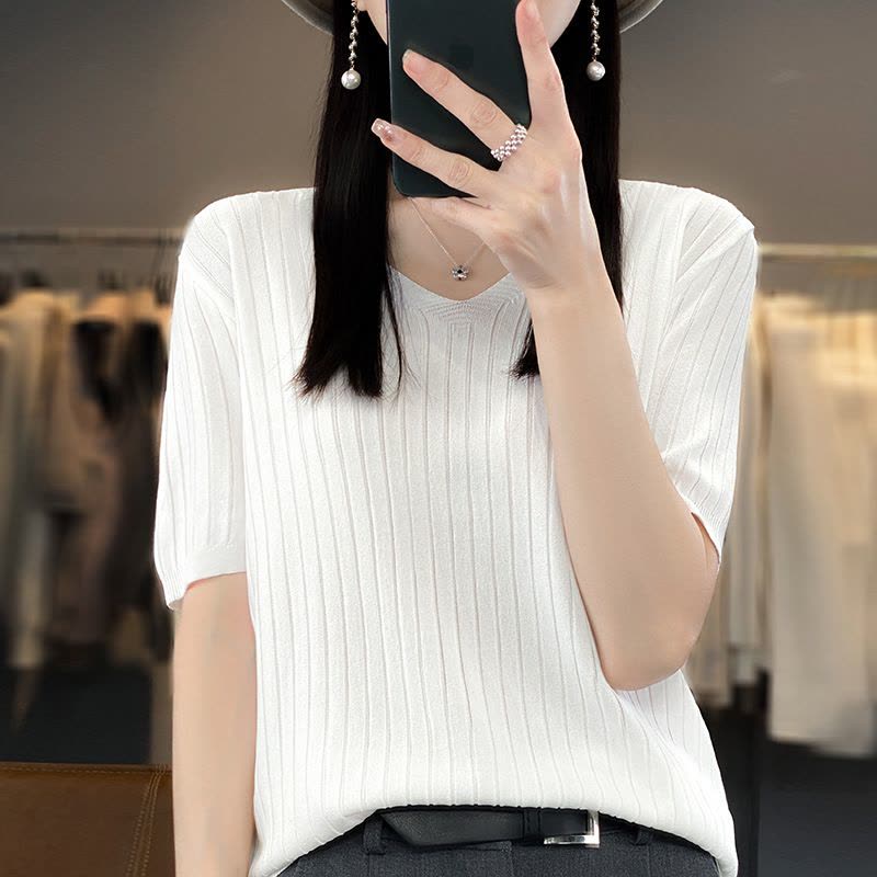 新款夏季V领冰丝短袖针织衫女式宽松T恤衫纯色薄款上衣图片
