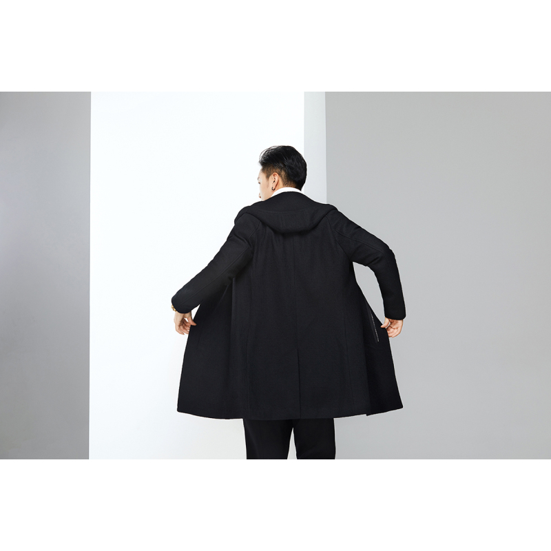 2019秋冬新款黑色连帽设计师风格羊毛大衣