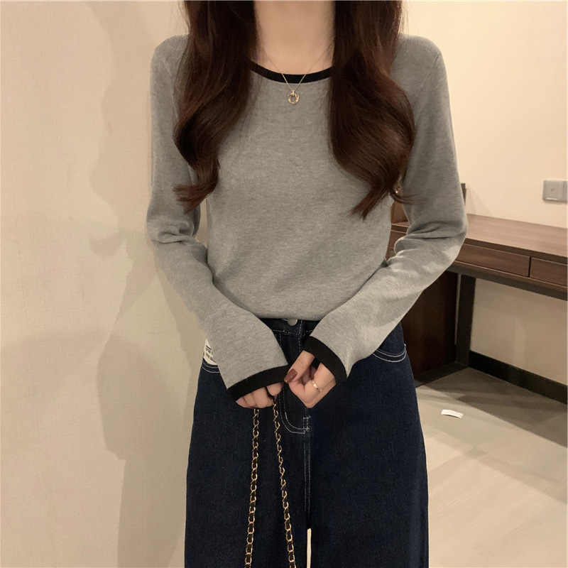 间色打底T恤女秋季新款长袖小众设计感修身圆领短款薄款上衣