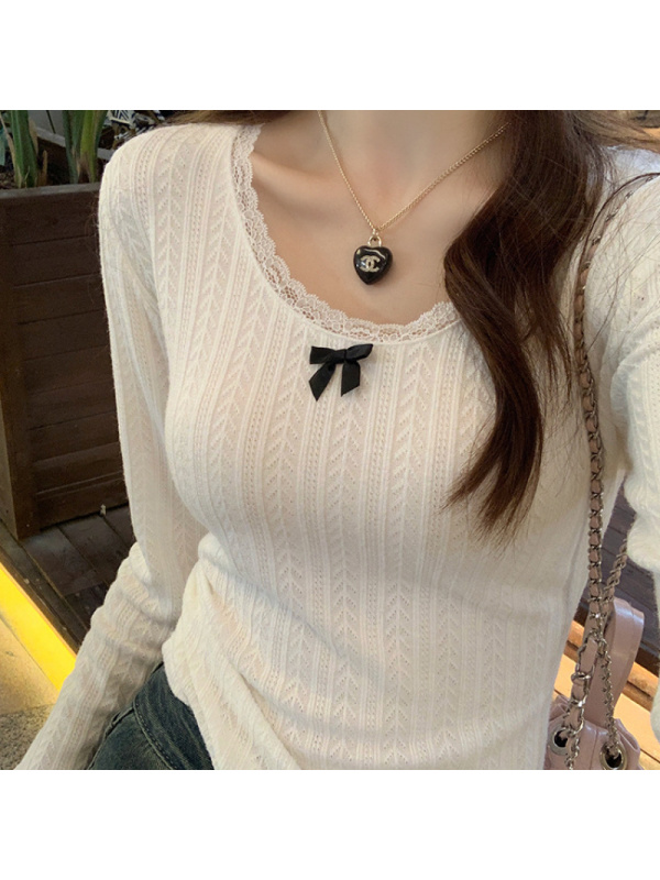 蕾丝打底衫女春秋新款白色内搭长袖T恤上衣设计感蝴蝶结小衫女装