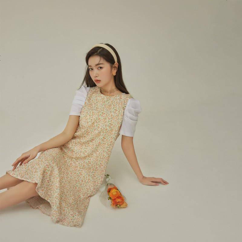 OtherMix法式碎花连衣裙2021年夏季新款无袖中裙宽松圆领女裙子潮